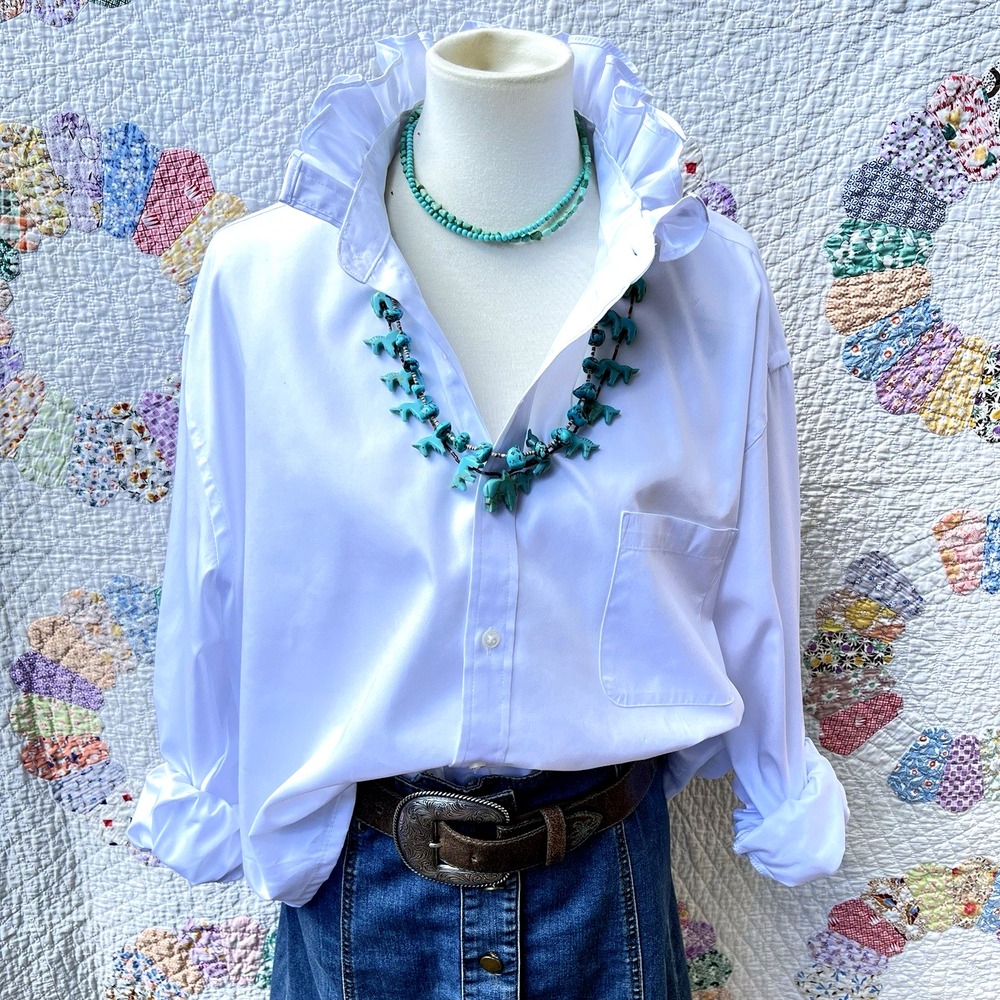 Upcycled Crisp White Oversized Classic Ruffle Collar Long Sleeve Shirt XXL
